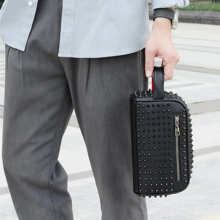 Men's PU leather rivet clutch bag with cyberpunk style waist wallet, strap, and money bag from OKEYWOW.