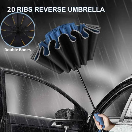 Windproof Reverse Folding Umbrella with UV Protection & Reflective Stripe