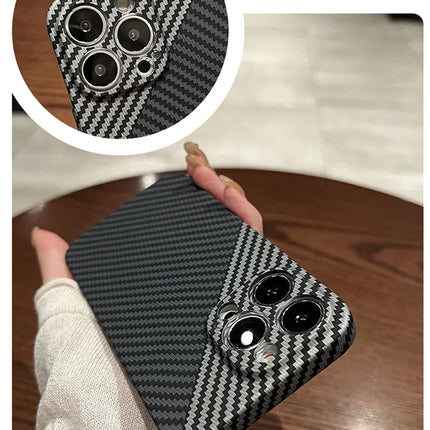 OKEYWOW iPhone carbon fiber case, ultra-thin hard back cover with camera protection for iPhone 11 to 17 Pro Max models.