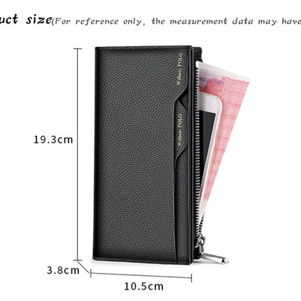 OKEYWOW WilliamPOLO men's genuine leather wallet with zipper, card holder, business phone bag, and purse in black.
