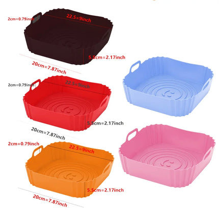 OkeyWOW reusable silicone air fryer pan liner with non-stick surface, suitable for oven baking pizza chicken and other dishes.