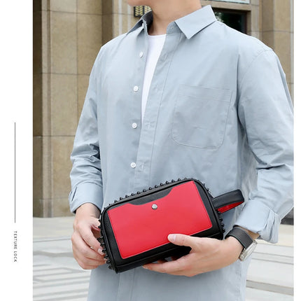 Men's PU leather rivet clutch bag with cyberpunk style waist wallet and strap, featuring a sleek money bag design by OKEYWOW.