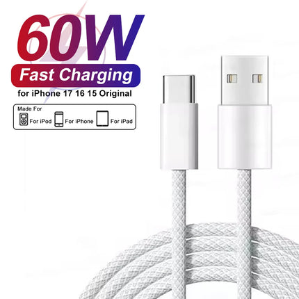 TurboBraided 60W USB C Cable for iPhone 17 16 15 Pro Max Air Plus Fast Charge Type C Data Cable