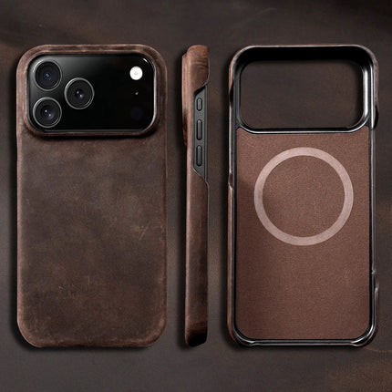 OKEYWOW MagSafe leather case for iPhone 15/16/17 series, genuine retro leather with magnetic pull-up back cover.