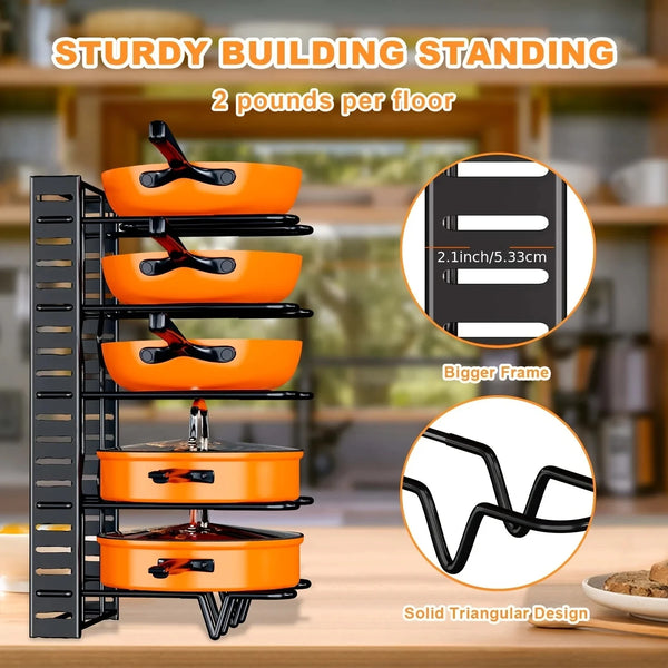 Space-Saving 8-Tier Pot Rack Organizer - Durable Metal Holder for Pans, Pots, and Lids to Keep Your Kitchen Neat and Tidy