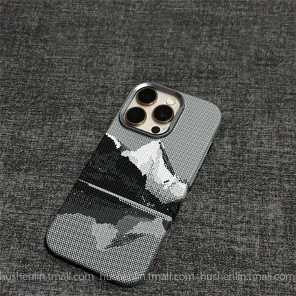 OKEYWOW iPhone 16/15 Pro Max Mountain Relief Carbon MagSafe case with shockproof hard PC and camera protection.