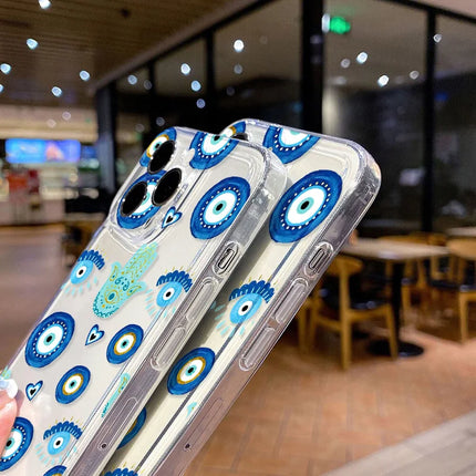 Blue evil eye phone case for iPhone, shockproof soft cover with lucky eye design, compatible with various iPhone models.