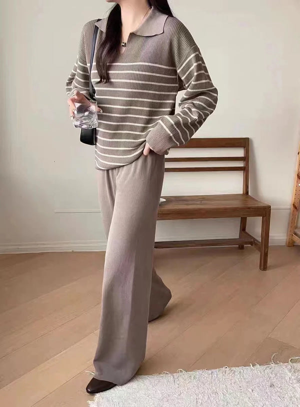 2024 Spring New Women Sweater Set Casual Pullovers Suits Striped Color Contrast Knitted Long Sleeve Elegance Tops Wide Leg Pants