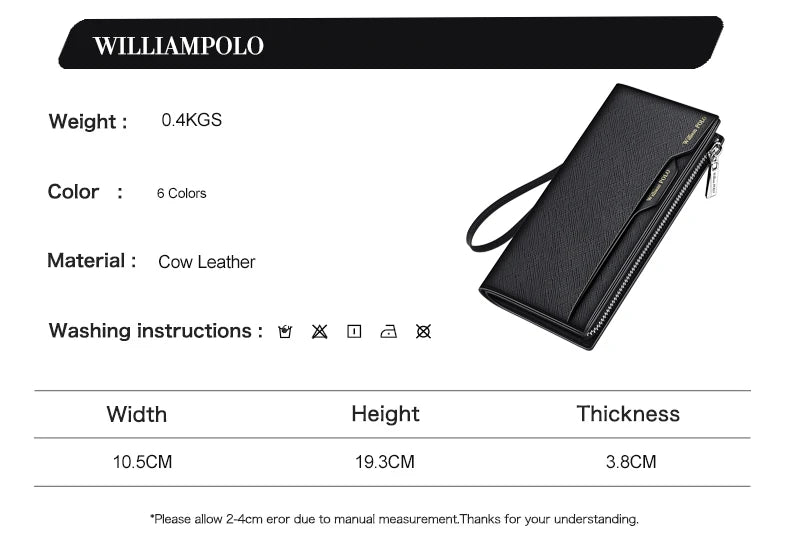 WilliamPOLO Male Genuine Leather Wallets Men Wallet Credit Business Card Holders Fashion Mobile Phone Bag Zipper Purse Handbag