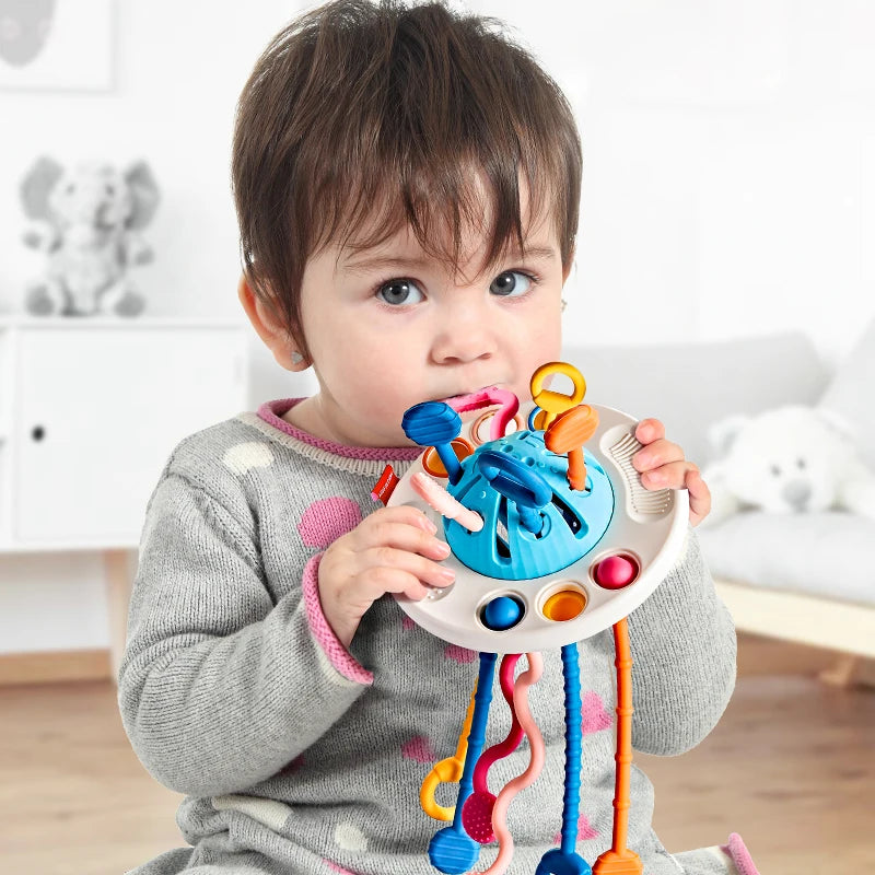 Baby Montessori Pull String Sensory Toys: Silicone Teething Activity Toys for Kids Aged 6-12 Months, Promotes Development and Education