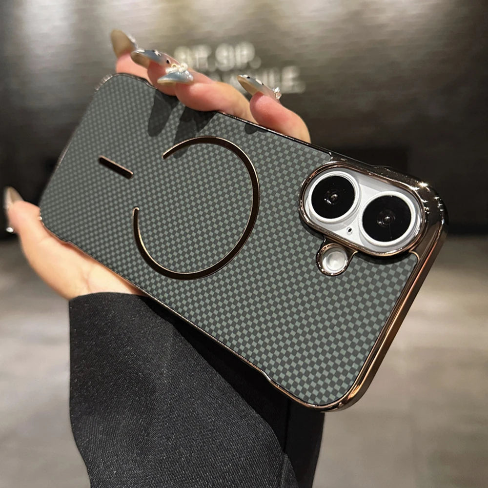 Luxury Kevlar Pattern For Magsafe Slim Frameless Phone Case For iPhone 16 17 Air 15 14 13 Pro Max Wireless Charging Plated Cover