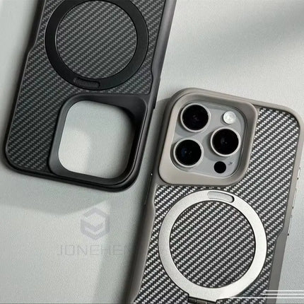 Soft Rubber MagSafe Case for iPhone 16/15/14/13/12 Pro Max Carbon Fiber Metal Bracket Cover