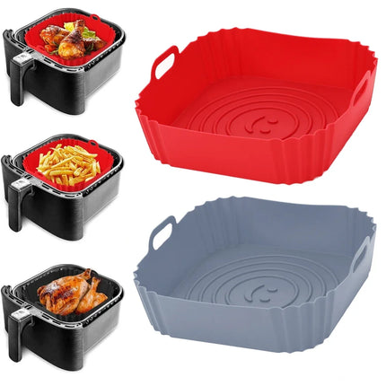 OkeyWOW reusable silicone air fryer pan liner with non-stick surface, suitable for baking tray, pizza, and chicken in oven.