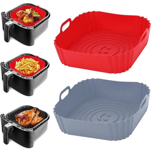 OkeyWOW reusable silicone air fryer pan liner with non-stick surface, suitable for baking tray, pizza, and chicken in oven.