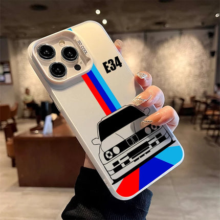 OKEYWOW iPhone E34 car case made of laser-cut PC and TPU, shockproof cover for iPhone models 11 to 16, showing protective design.
