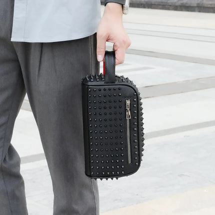 Men's PU leather rivet clutch bag with cyberpunk style, waist wallet and strap, OKEYWOW brand, featuring a sleek money bag design.
