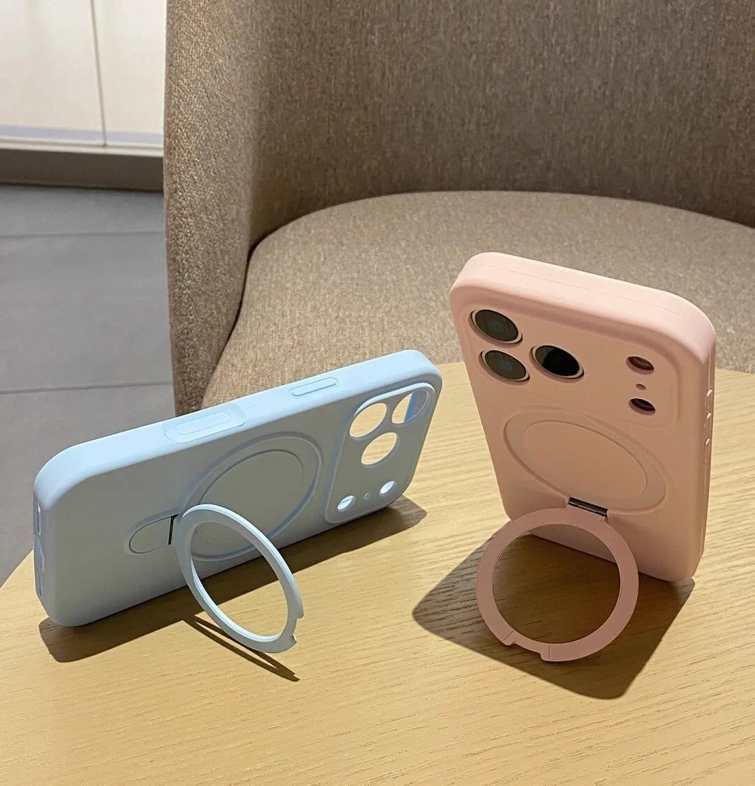 Luxury Magnetic Liquid Silicone Phone Case for iPhone 12–17 Series (Pro/Pro Max/Plus/Air) – MagSafe Holder Stand Soft Cover