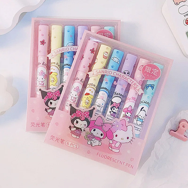 6Pcs Sanrio Hello Kitty Highlighter Pen Set Kawaii Kuromi Melody Cinnamoroll Art Fluorescent Markers Pens School Office Statione