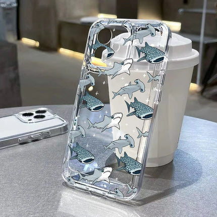 Clear silicone iPhone case by OKEYWOW featuring ocean animal design with sharks, dolphins, and fish for iPhone 11 to 14 Pro Max.