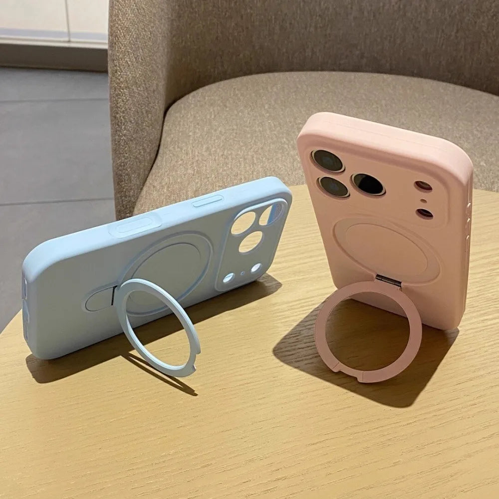 Luxury Magnetic Liquid Silicone Phone Case for iPhone 12–17 Series (Pro/Pro Max/Plus/Air) – MagSafe Holder Stand Soft Cover