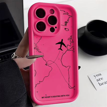Silicone matte shockproof iPhone case with airplane route design for iPhone 12 to 16, by OKEYWOW
