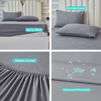 Waterproof Bed Sheet Set 3/4pcs Fitted Sheet Pillowcases Soft Queen King Twin White Gray