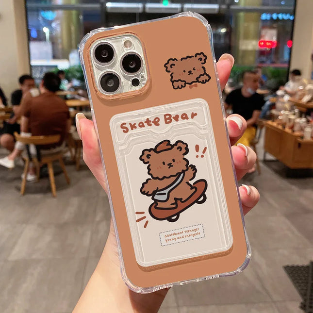 Transparent soft iPhone bear case with card holder for models 11 to 16, by OKEYWOW, showing the protective cover with card slots.