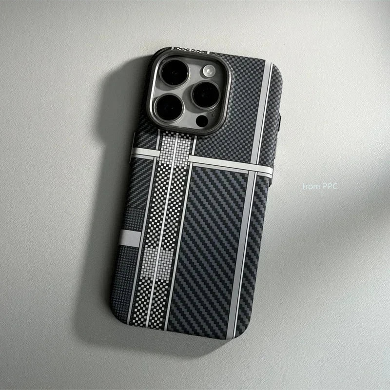 iPhone 16 15 14 Pro Max Case Carbon Fiber Abstract Geometric MagSafe Cover Magnetic Charging Shell Camera Alloy Armor Fundas