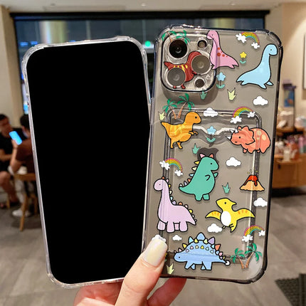 Pink iPhone Dinosaur Silicone Case with card slot for iPhone 12 Pro Max by OKEYWOW, featuring soft material and playful dinosaur design.