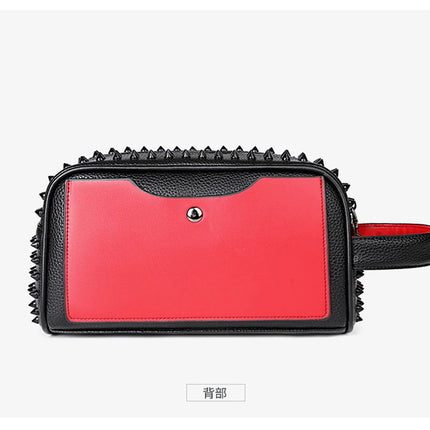 Men's PU leather rivet clutch bag by OKEYWOW featuring cyberpunk style waist wallet with strap and money compartment.
