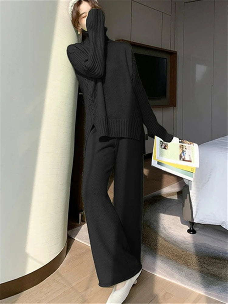 Autumn Winter 2 Pieces Women Sets Knitted Tracksuit 2023 New Turtleneck Sweater and Wide Leg Jogging Pant Pullover Suits