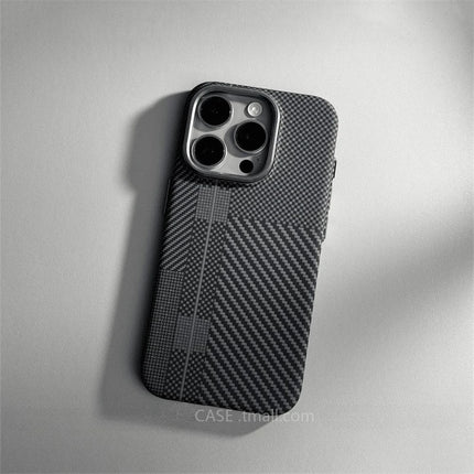OKEYWOW iPhone 15 Pro Max Relief Carbon Fiber MagSafe case with metal lens camera protection and hard PC cover.