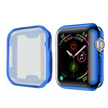 OKEYWOW Apple Watch silicone bumper case and screen protector for Series 9, 8, 7, SE, 44mm to 38mm, in black.