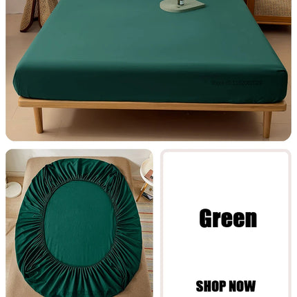 Cotton fitted sheet with elastic edges on a bed, non-slip mattress cover in 90x200cm size, compatible with single, double, queen, and king beds.