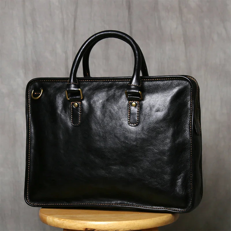 NZPJ Retro Men's Briefcase Leather Laptop Bag Top Layer Cowhide Casual Handbag 14 Inch Business Shoulder Bag Messenger Bag