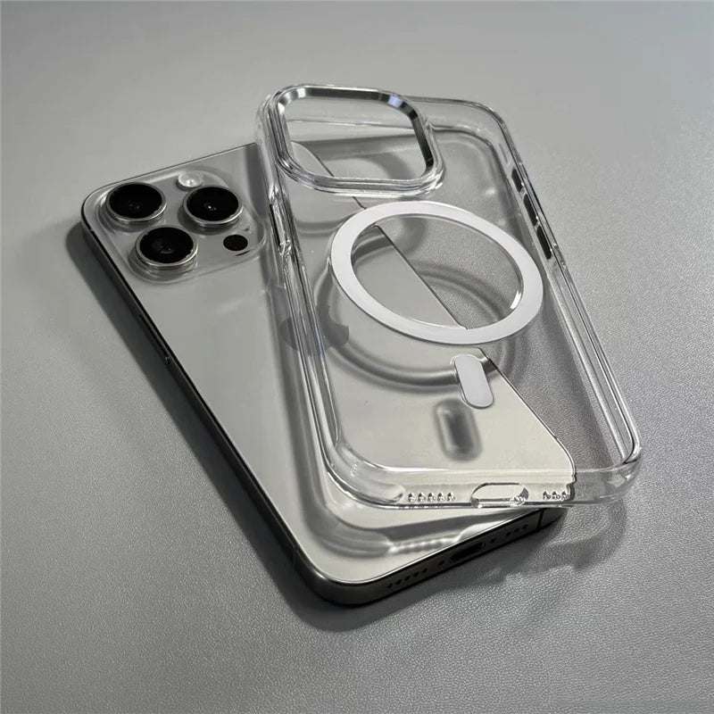 Transparent MagSafe Wireless Charging Case for iPhone 14/15 Pro/16/16 Pro Max – Alloy Lens Clear Shockproof Armor Back Cover