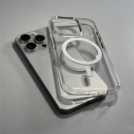 OKEYWOW iPhone 16/15/14 Pro Max MagSafe transparent case with alloy lens, shockproof armor, and wireless charging compatibility.