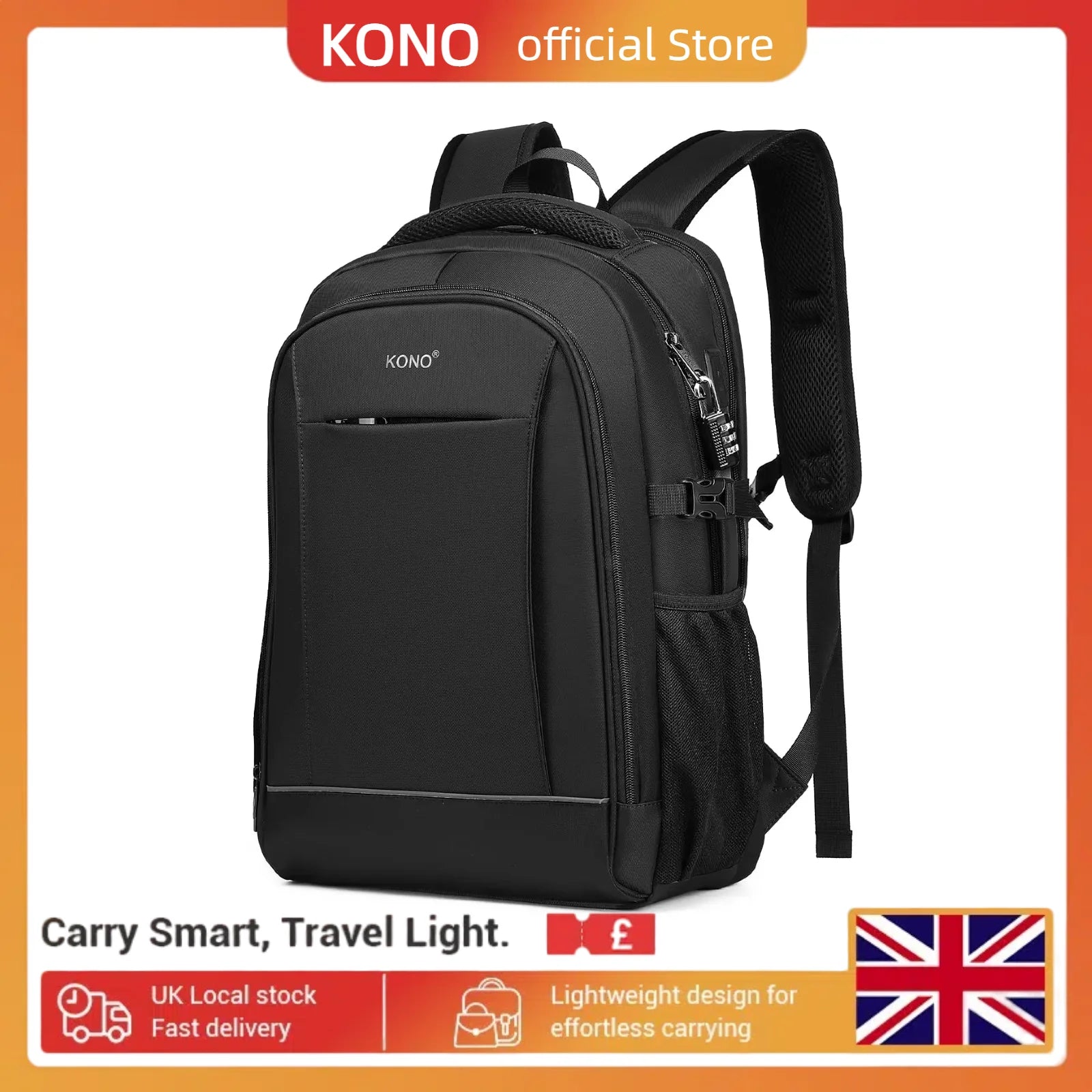 Kono Anti-Theft 15.6" Laptop Backpack - Secure Business & Travel Bag for Work/School, Men & Women