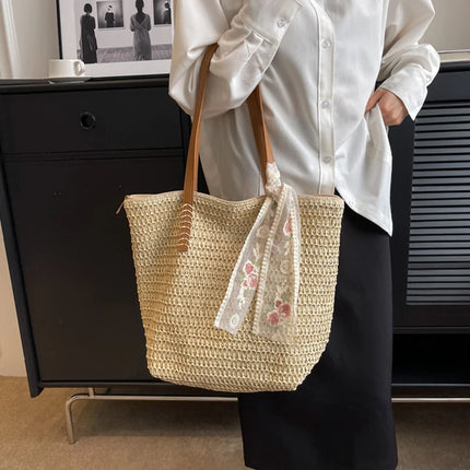 Women Woven Tote Bag Summer Large Capacity Shoulder Handbag Grass Straw Handmade Bag