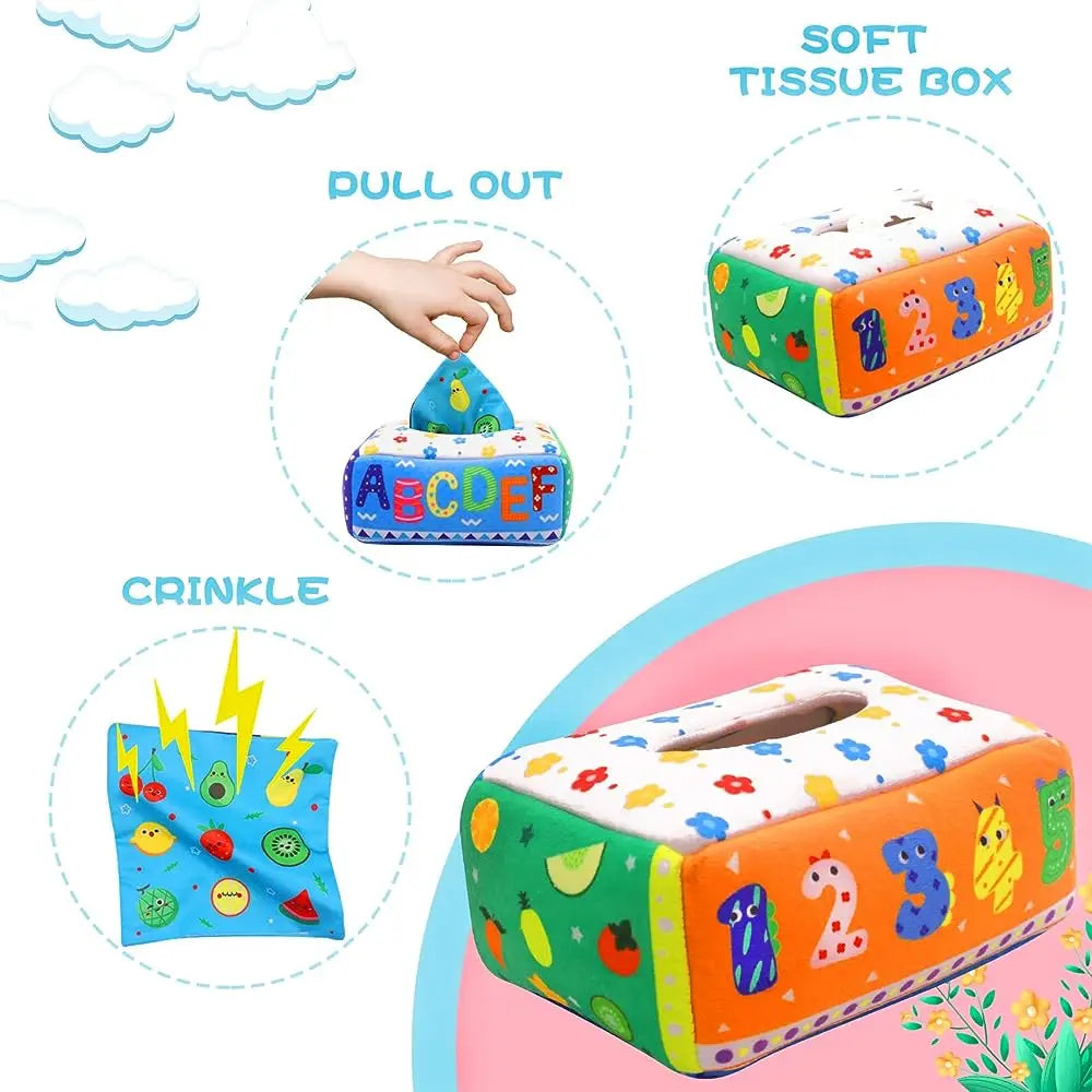 Montessori Educational Baby Tissue Box: Colorful Soft Sensory Toy for Toddler Finger Exercise, Includes Pumping Silk Scarf, Ideal Gift for Ages 0-18 Months