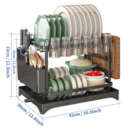 OKEYWOW 2-Tier Dish Drying Rack with Drain Tray and Cutlery Holder, kitchen counter organizer with stainless steel design
