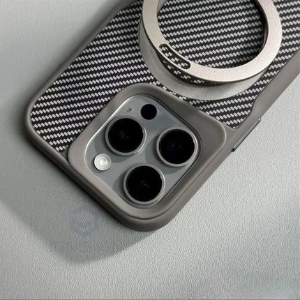 Soft Rubber MagSafe Case for iPhone 16/15/14/13/12 Pro Max Carbon Fiber Metal Bracket Cover