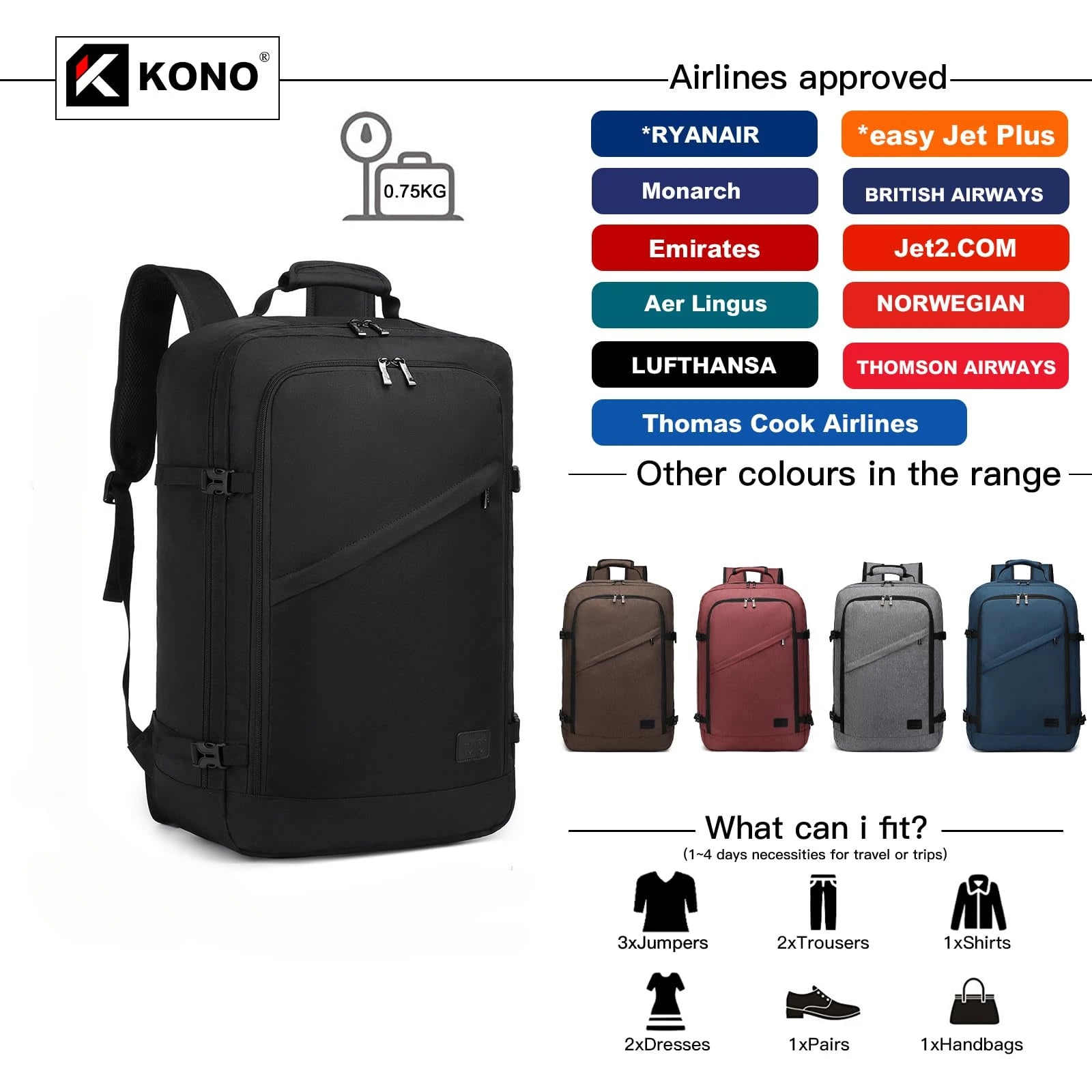 Kono Carry on Backpack Large Cabin Flight Bag Travel Hand Luggage Shoulder Bag