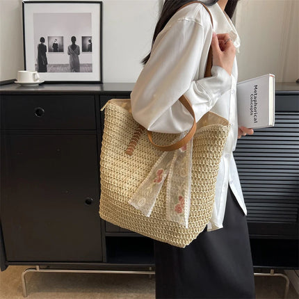 Women Woven Tote Bag Summer Large Capacity Shoulder Handbag Grass Straw Handmade Bag