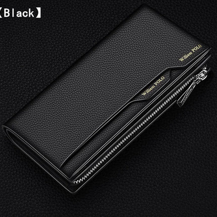 OKEYWOW WilliamPOLO men's genuine leather wallet with zipper, card holder, phone bag, and purse, showcasing a sleek, durable design.
