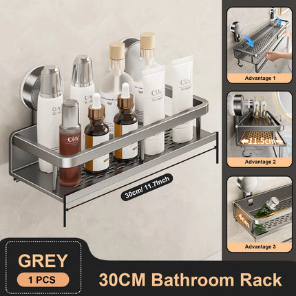 GripMount Bathroom Shelf Aluminum Suction Wall Rack No Drill Toilet Organizer