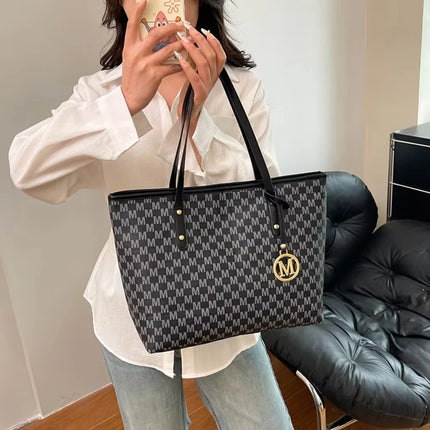 Large capacity OKEYWOW shoulder bag with letter print, luxury tote and clutch style, retro design for commuters and daily use.