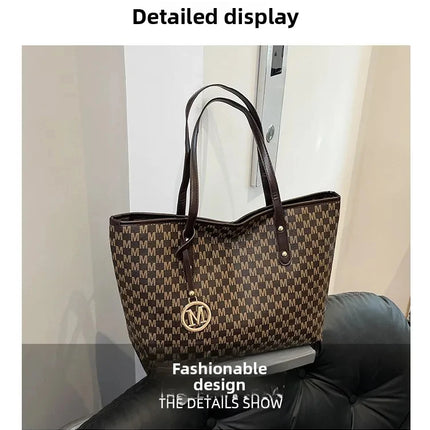Large capacity OKEYWOW shoulder bag with letter print, luxurious tote and clutch design, retro style for commuters.