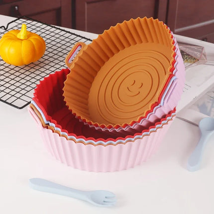 OkeyWOW reusable silicone air fryer pan liner with non-stick surface, suitable for baking pizza, chicken, and oven trays.