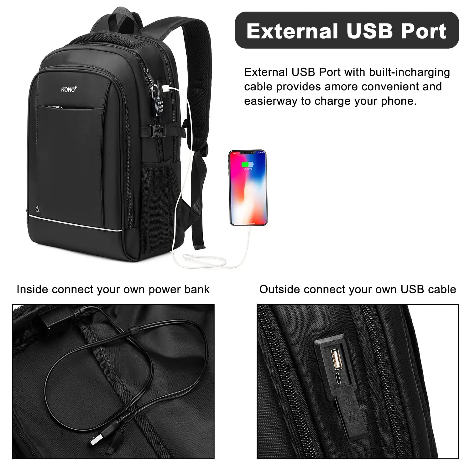 Kono Anti-Theft 15.6" Laptop Backpack - Secure Business & Travel Bag for Work/School, Men & Women